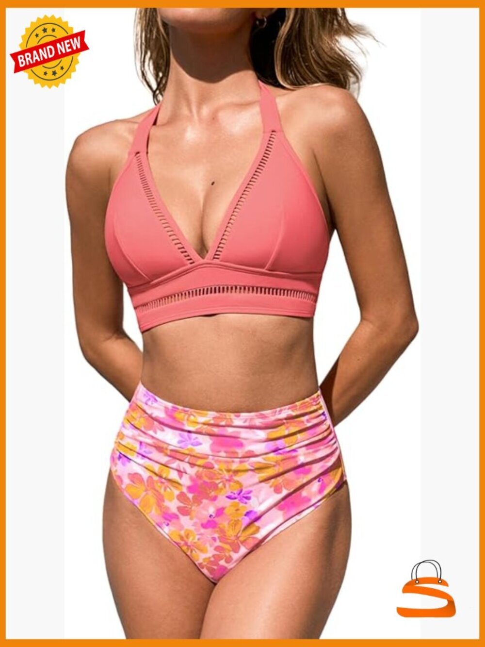 High Waisted Bikini Set with V Neck and Cutout Details, Ruched Bottoms,